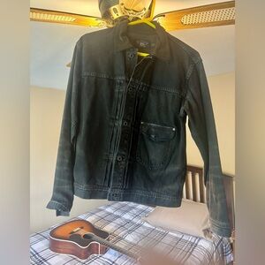 RRL Men’s M Black Worn-In Denim Jacket with Leather collar & pocket flap